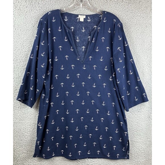 J. CREW 100% Cotton Deep V Tunic Top Women's M Navy Nautical Coastal Resort ⚓️ - Picture 3 of 9